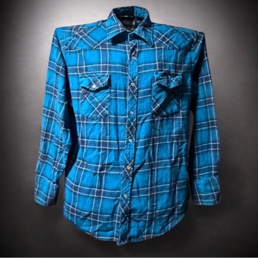 Vintage ~Wrangler ~Shirt ~ Men’s ~ Large~Plaid ~Long Sleeve ~Western ~Snaps~Blue
